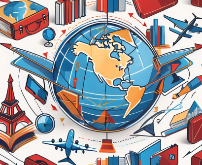 A globe with various educational symbols like books