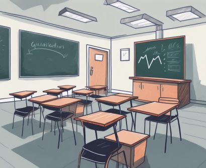 A classroom setting in the uk with a chalkboard
