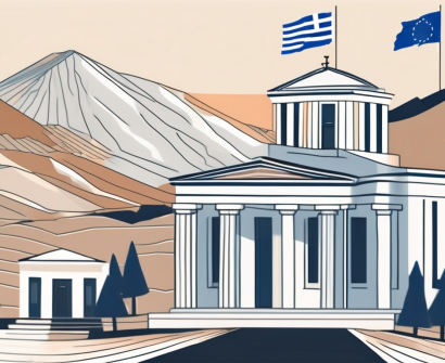 A traditional greek schoolhouse with international flags fluttering around it