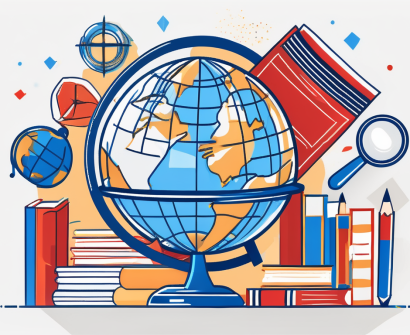 A globe with various school-related symbols such as books