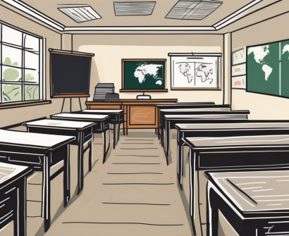 A classroom setting with a chalkboard
