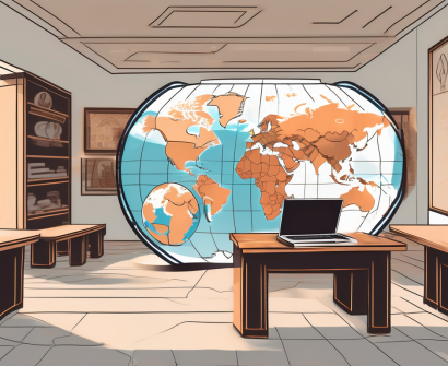 A classroom with a globe on the desk