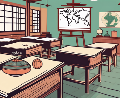 A classroom setting in vietnam with various teaching tools like a globe