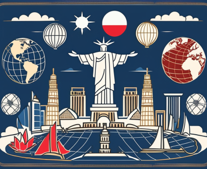 A globe surrounded by various international landmarks