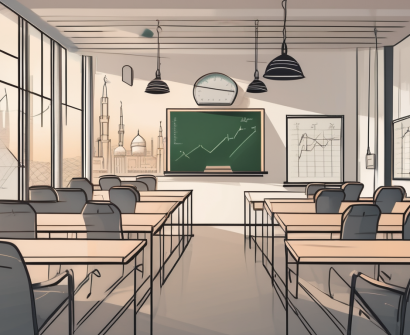 A classroom setting with a chalkboard displaying a simplified budget calculation and iconic saudi arabian architectural elements in the background