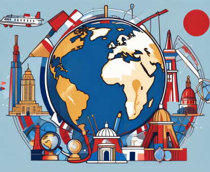 A globe with various iconic landmarks from different countries