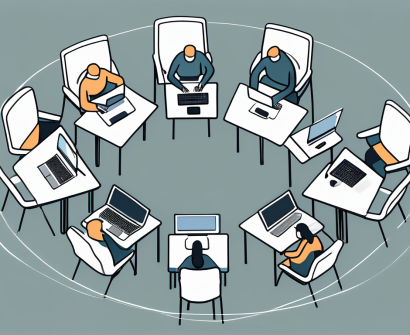 A group of seven desks arranged in a circle