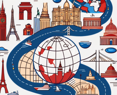 A globe surrounded by various iconic international landmarks