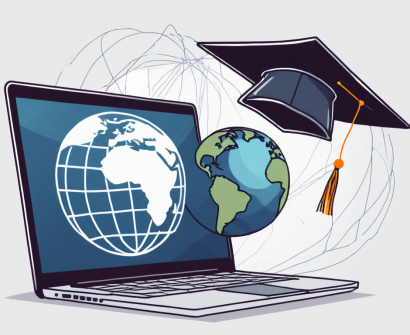 A laptop displaying a graduation cap and a diploma