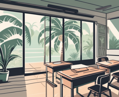 A classroom setting with a chalkboard
