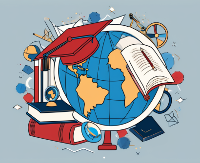 A globe with different school-related symbols like books