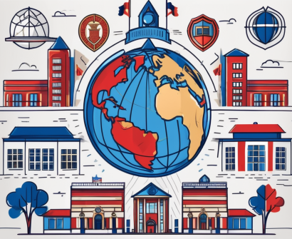 A globe with various international school buildings marked on it