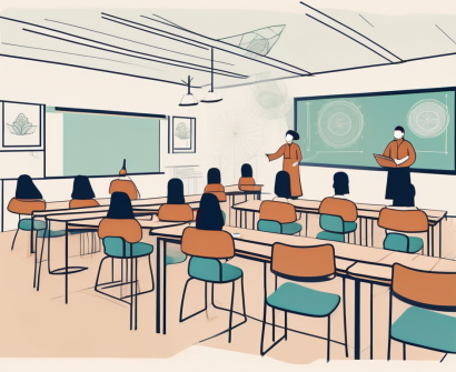 A classroom setting with diverse cultural elements and digital teaching tools