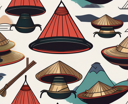 A graduation cap sitting atop a traditional vietnamese conical hat