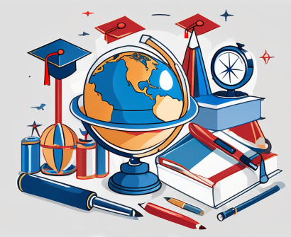 A globe surrounded by various educational tools such as a compass
