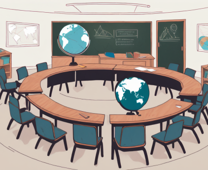 A diverse classroom setting with desks arranged in a semi-circle
