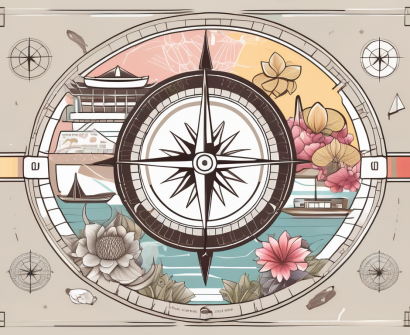 A symbolic compass surrounded by various iconic symbols of singaporean culture