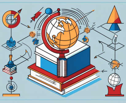 A globe with various symbolic educational icons such as books