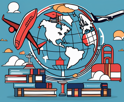 A globe with various symbolic icons like books
