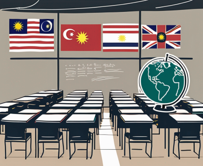 A classroom with empty desks and chairs