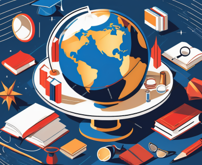 A globe surrounded by various educational symbols like books