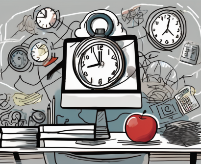 A classroom setting with various symbols representing challenges such as a broken clock (time management issues)