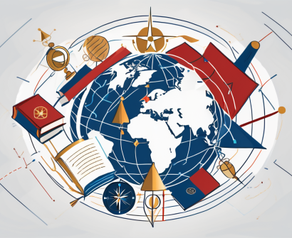A globe with various educational symbols like graduation cap
