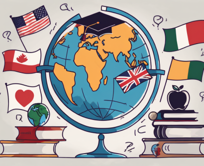 A globe with various educational symbols like books