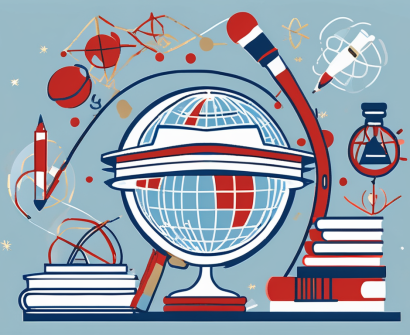 A globe with various educational symbols like books