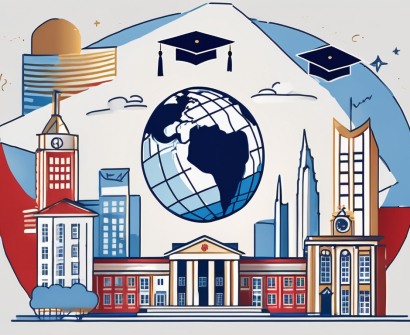 A globe with various international school buildings