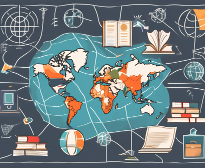 A global map with various educational symbols like books