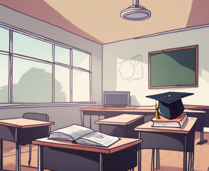 A classroom setting in the uk with an empty teacher's desk