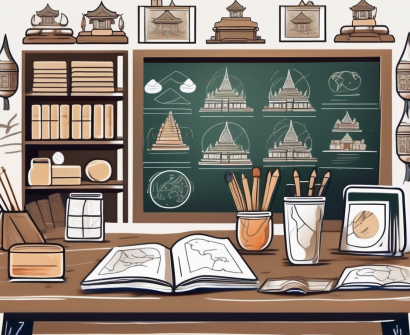 A thai classroom setting with a chalkboard