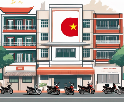 An international school building with a vietnamese flag flying on the top