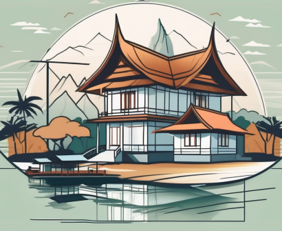 A scenic thai landscape featuring a traditional thai house and a schoolhouse