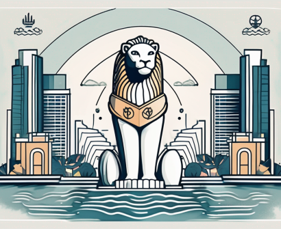 A key unlocking a symbolic representation of singapore (like a merlion or marina bay sands)