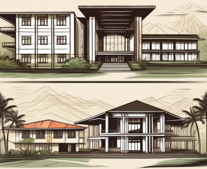 Five different school buildings representing various architectural styles from around the world