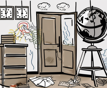A classroom setting in thailand with various symbols representing common challenges like a broken clock (for time management issues)