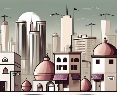 A traditional qatari cityscape with various symbols of living costs