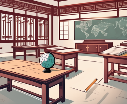 A classroom setting with traditional chinese architecture in the background