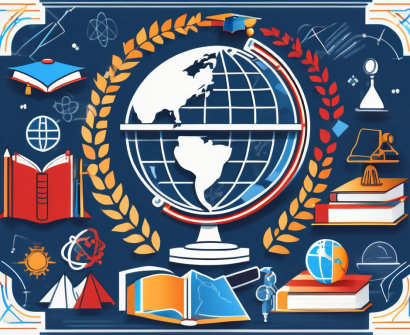 A globe surrounded by various educational symbols such as a graduation cap