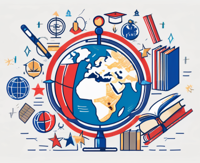 A globe surrounded by different school-related symbols like books