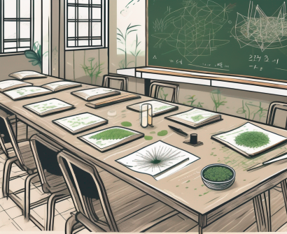 A classroom setting with various educational tools scattered around