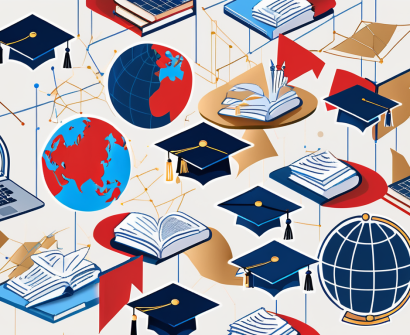 A globe with various education-related symbols like books