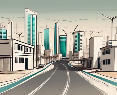 A typical saudi arabian cityscape with elements of a school and a cost of living symbol like a price tag on a house