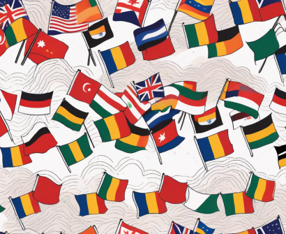 A classroom setting with various national flags