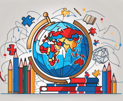 A globe with various education-related symbols like books