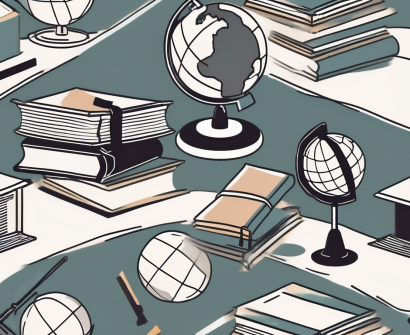 A globe with various educational symbols like graduation caps
