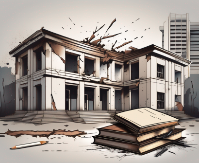 A crumbling school building with a broken pencil and a tattered book in the foreground