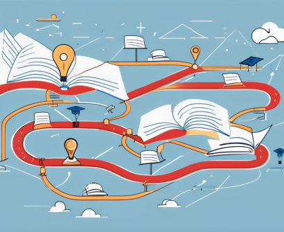 A roadmap with various educational symbols (like books